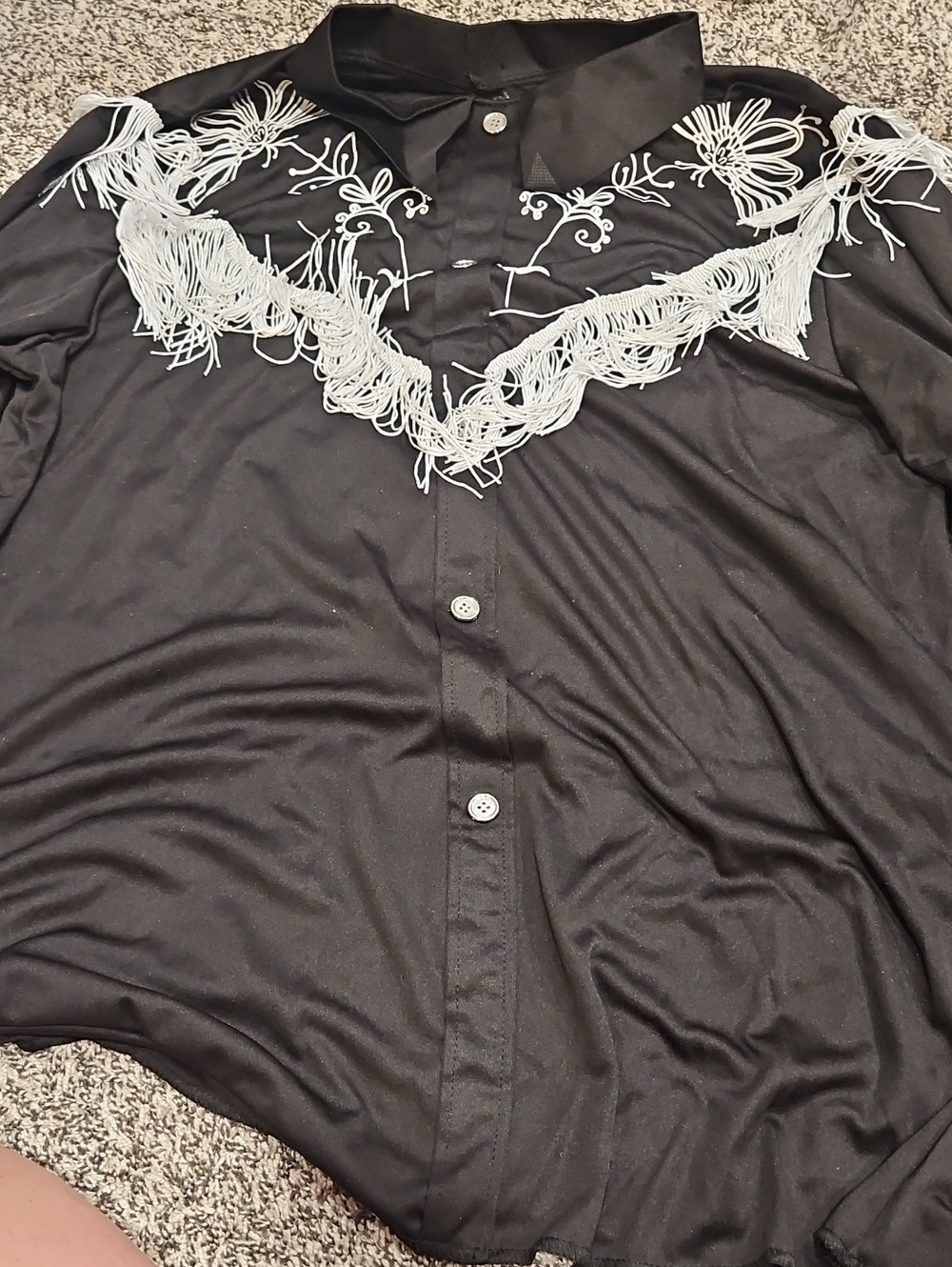 Barbie Black Button-Down Shirt with White Fringe & Floral Embroidery